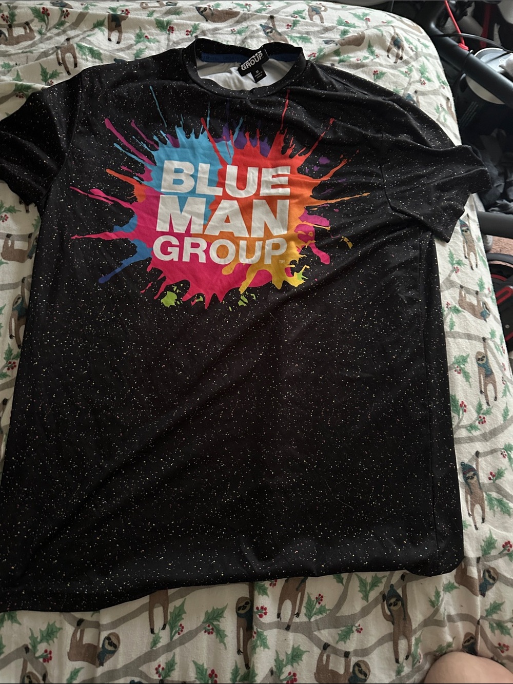 Blue Man Group T-shirt.  Black Graphic Tee - Multicolor Splash